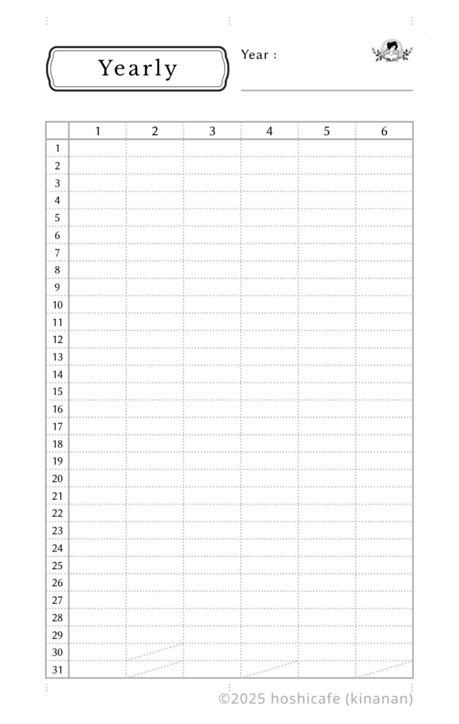 【無料テンプレート】手帳リフィル・Bシリーズ年間予定表の片面レイアウト見本（mini6・a6・a5対応）