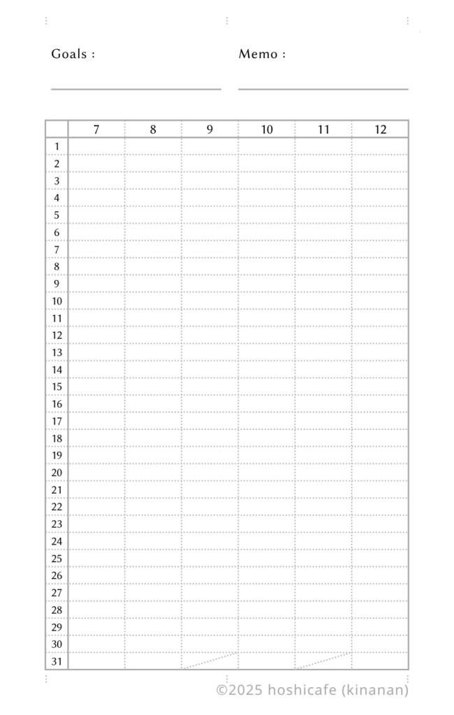 【無料テンプレート】手帳リフィル・Bシリーズ年間予定表の片面レイアウト見本（mini6・a6・a5対応）