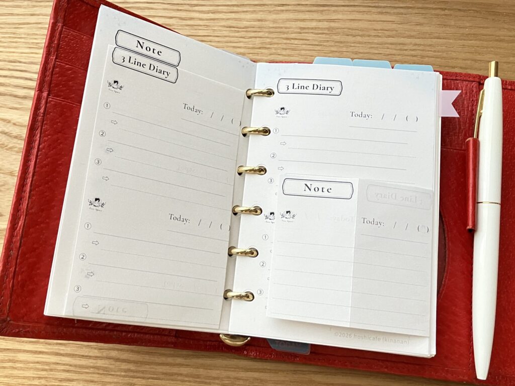 mini6手帳にセットしてNoteと3LineDiaryを貼り付けた様子もわかる実用イメージ