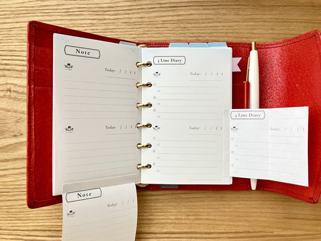 mini6手帳にセットしてNoteと3LineDiaryを貼り付けて開いた様子もわかる実用イメージ