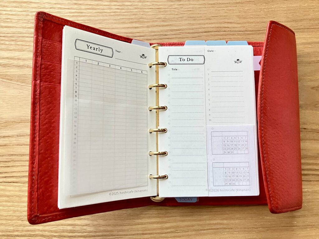 mini6手帳リフィルのハビットトラッカーをカットして別のpdf無料配布リフィルと合わせて使用した活用例。