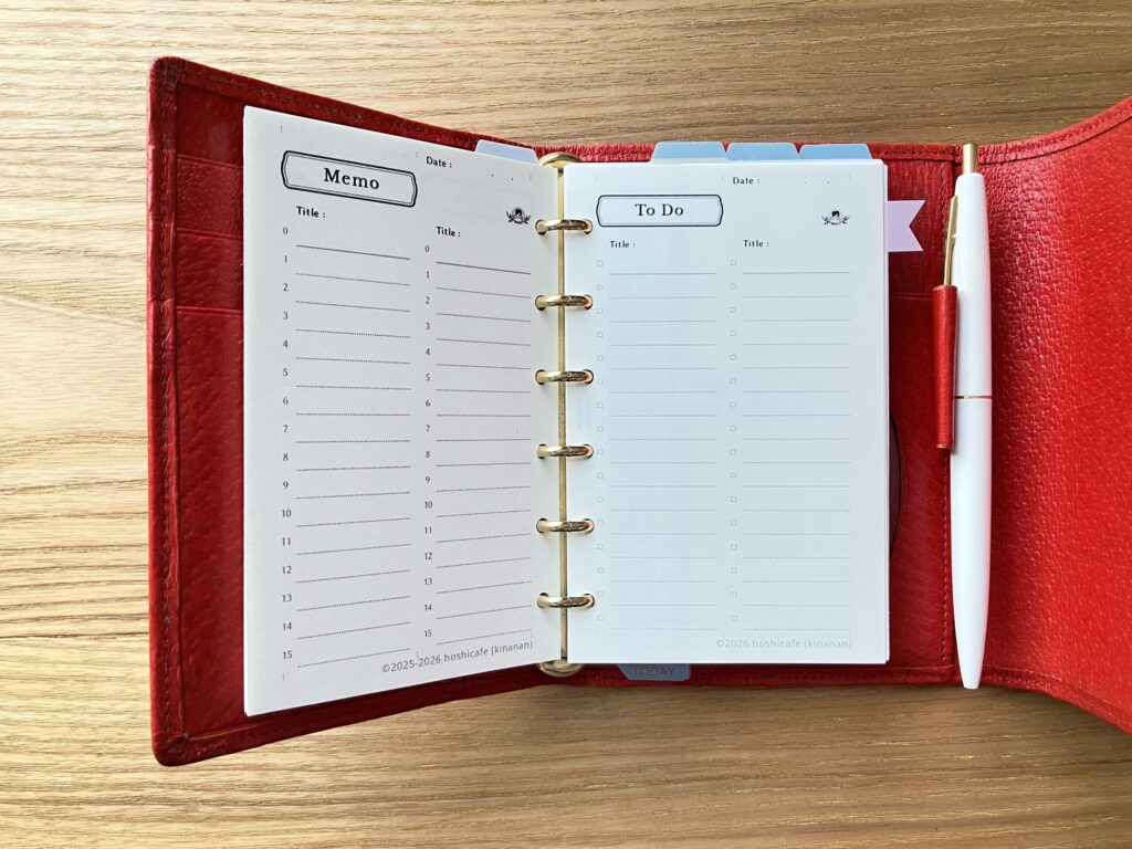 手帳にセットしたBシリーズ2列メモと2列ToDoリフィルの使用イメージ