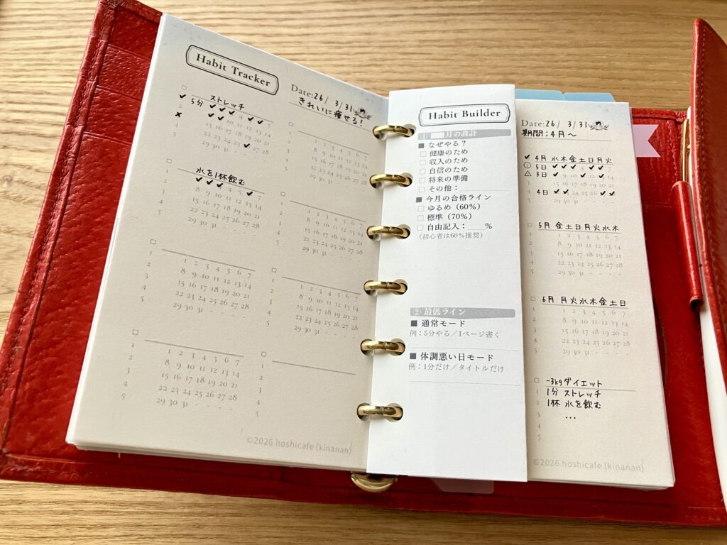 ハビットトラッカー できた日だけチェックする使い方や記入例とハビットビルダーを折りたたみで一緒に手帳にセットした様子