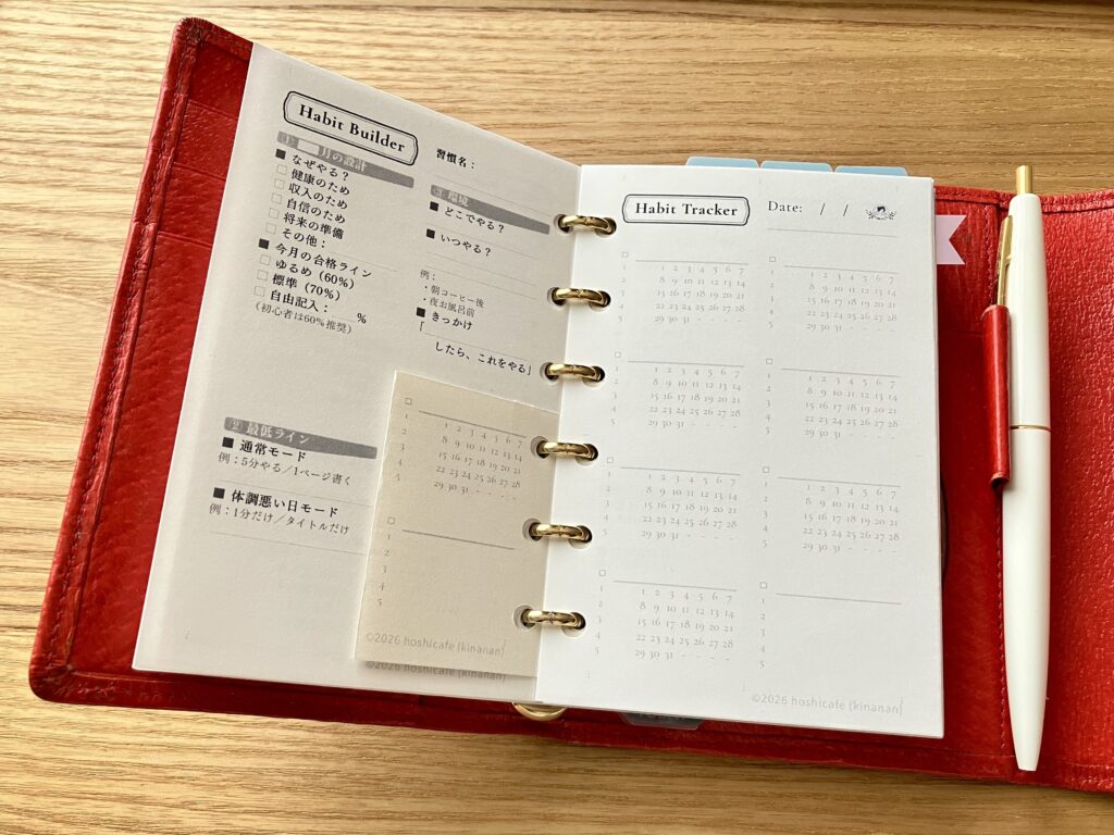 ハビットトラッカーとハビットビルダーのモノクロ版を手帳にセット。カットして間に綴じた活用例付き