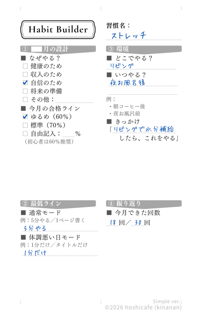 おまけのハビットビルダー ハビットトラッカーと合わせた初心者向け シンプルな記入例